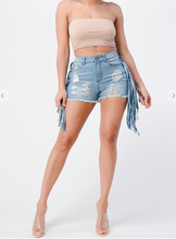Load image into Gallery viewer, Denim Ripped Shorts with Side Fringe
